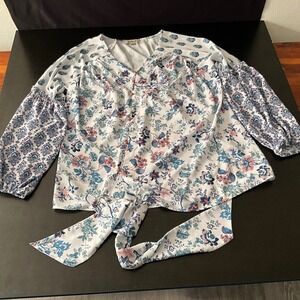 One World Floral Blouse Tie‎ Waist Long Sleeve Boho Chic Women's Size L